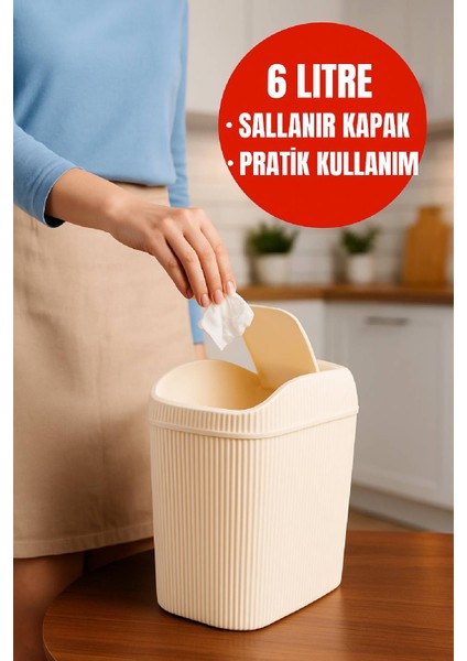 6 Lt Çöp Kovası, Mutfak, Banyo, Tuvalet, Ofis Çöp Kutusu Krem
