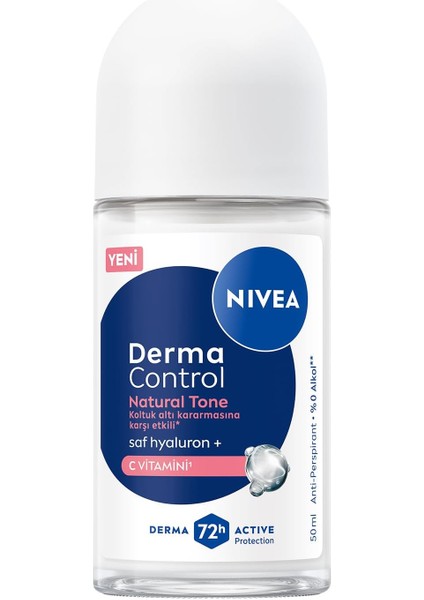 Nıvea Kadın Roll On Deodorant Derma Control Natural Tone 50 Ml, Koltuk Altı Kararmasına Karşı Etkili, Eşit Cilt Tonu, 72 Saat Anti Perspirant Koruma, C Vitamini, Hyaluronik Asit, Alkol Içermez