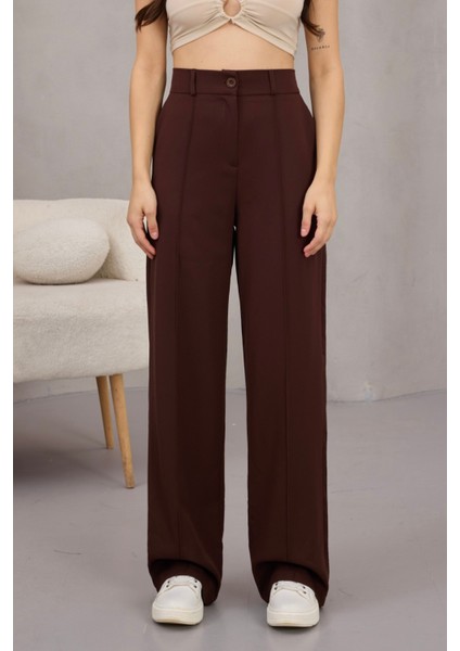 Kadın Yüksek Bel Likralı Geniş Paça Çımalı Rahat Kesim Pantolon