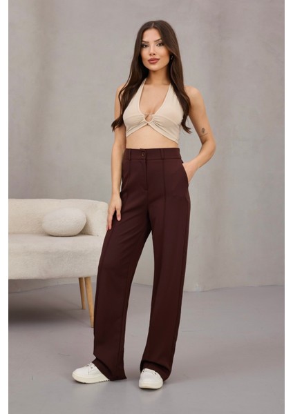 Kadın Yüksek Bel Likralı Geniş Paça Çımalı Rahat Kesim Pantolon indirimleri