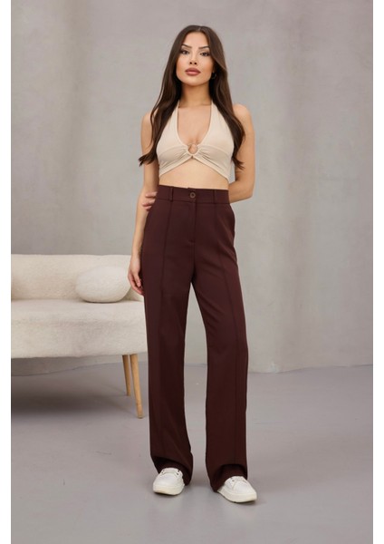 Kadın Yüksek Bel Likralı Geniş Paça Çımalı Rahat Kesim Pantolon