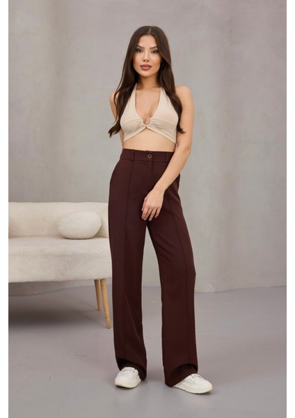 Kadın Yüksek Bel Likralı Geniş Paça Çımalı Rahat Kesim Pantolon
