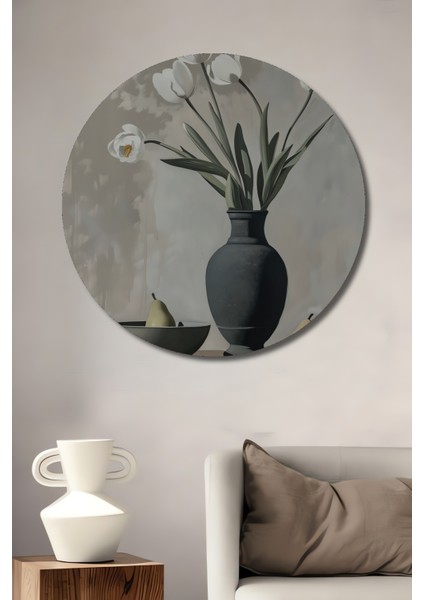 Beyaz Lale ve Meyve Kompozisyonlu Dekoratif Ahşap Mdf Tablo Yuvarlak Tablo