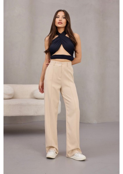 Kadın Yüksek Bel Likralı Geniş Paça Çımalı Rahat Kesim Pantolon indirimleri