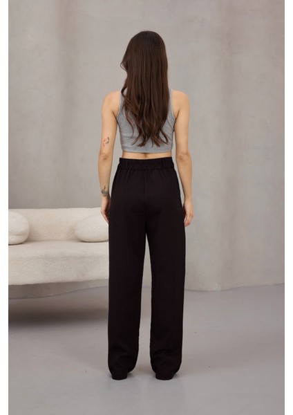 Kadın Yüksek Bel Likralı Geniş Paça Çımalı Rahat Kesim Pantolon