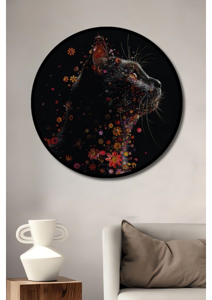 Çerçeve Görünümlü Çiçekli Kedi Dekoratif Ahşap Mdf Işyeri Duvar Tablo Yuvarlak Işyeri Duvar Tablo