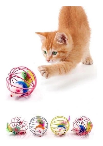 Buffer® Renkli Metal Kafesli Peluş Fareli Kedi Köpek Oyuncağı Oyun Topu 6 cm fırsatları