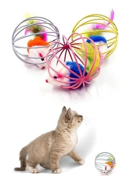 Buffer® Renkli Metal Kafesli Peluş Fareli Kedi Köpek Oyuncağı Oyun Topu 6 cm indirimleri