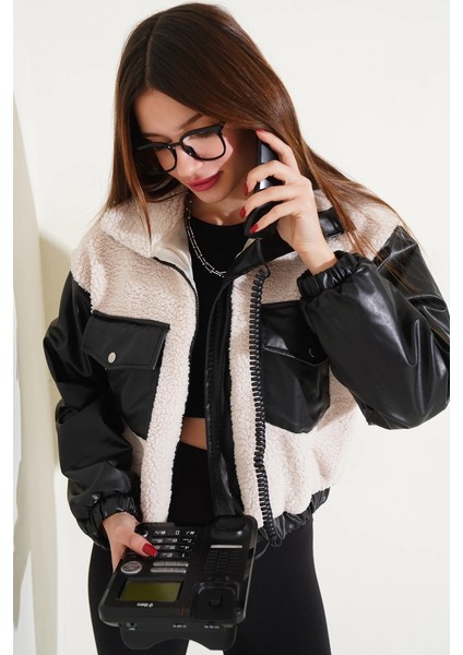 Deri Garnili Cepli Peluş Mont Siyah T1253 modelleri