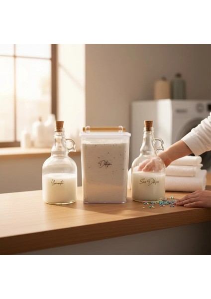 Ahşap Kulplu Deterjan Kavanozu 2000ML-MANTAR Kapaklı Sıvı Deterjan ve Yumuşatıcı Şişesi 1000ML