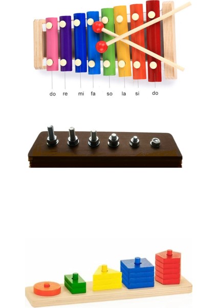 Ahşap Eğitici Oyuncak 3'lü Materyal Seti Vida Çalışması Kademeli Geometrik Şekiller Sıralama Ksilofon