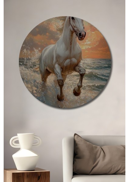 Denizde Koşan Beyaz At Ahşap Mdf Dekoratif Ev/işyeri Duvar Tablo Yuvarlak Ev/işyeri Duvar Tablo
