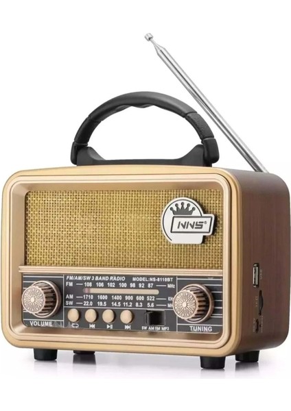 Buffer® Orta Boy Retro, Nostaljik, Ahşap Tasarım Bluetooth Hoparlörlü, Şarjlı, Taşınabilir Fm/am Destekli Radyo NS-8110
