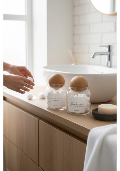 Zeze Design Dekoratif Ahşap Kapaklı 300 ml Pamuk ve Kulak Çubuğu Saklama Kavanozu – Banyo Düzeni İçin