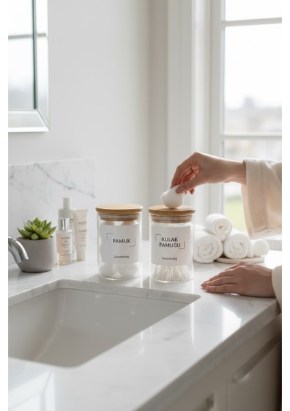 Zeze Design 250 ml Cam Pamukluk ve Kulak Pamuğu Kutusu – Bambu Kapaklı, Şeffaf ve Paslanmaz Banyo Düzenleyici