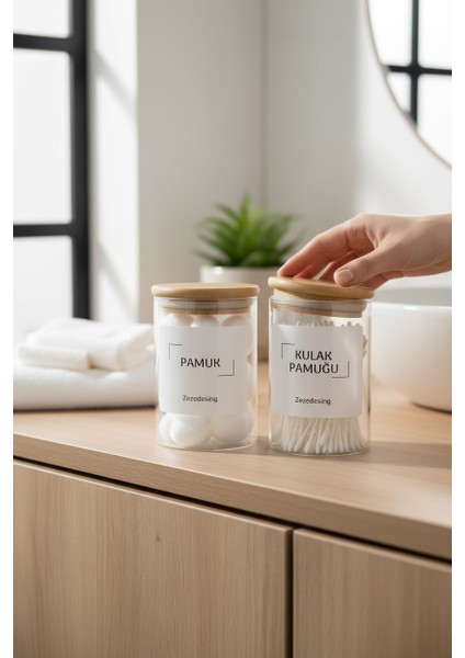 Zeze Design 250 ml Cam Pamukluk ve Kulak Pamuğu Kutusu – Bambu Kapaklı, Şeffaf ve Paslanmaz Banyo Düzenleyici