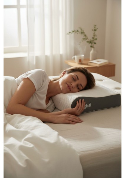 Visco Ortopedik Yastık Original | Boyun Fıtığı Boyun Düzleşmesi Destekli Lüks Yastık | Taşıma Çantalı | Beyaz & Mavi | 1300gr