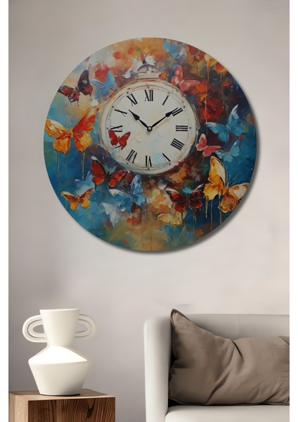 Renkli Kelebekler ve Saat Dekoratif Ahşap Mdf Ev/işyeri Duvar Tablo Yuvarlak Ev/işyeri Duvar Tablo