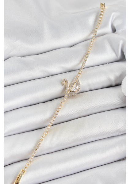 Pirinç Gold Renk Zirkon Taşlı Kuğu Model Kadın Bileklik fiyatları