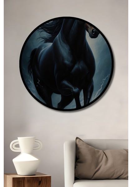 Çerçeve Görünümlü Şahlanan Siyah At Ahşap Mdf Dekoratif Ev Duvar Tablo Yuvarlak Ev Duvar Tablo