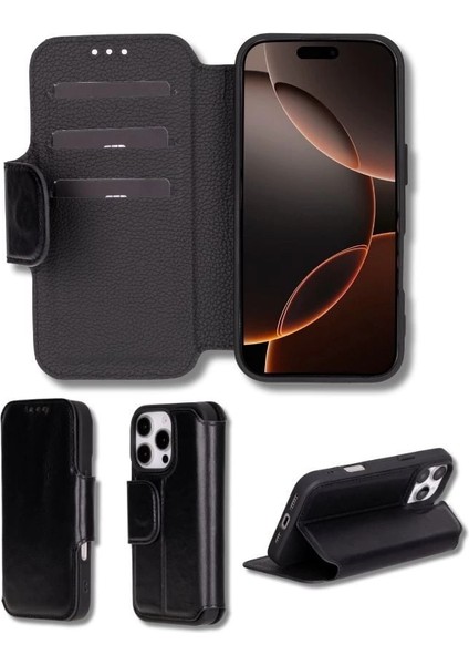 Apple iPhone 16 Pro Uyumlu, Hakiki Deri, El Yapımı, Cüzdanlı Kılıf, Parlak Siyah indirimleri