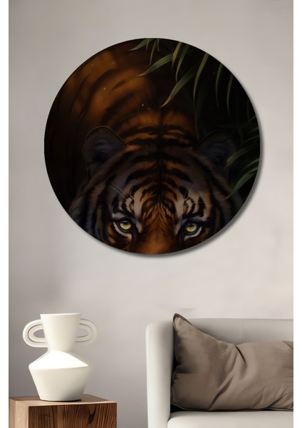 Kaplan Ormanın Gızemlı Yüzü Dekoratif Ahşap Mdf Işyeri Duvar Tablo Yuvarlak Işyeri Duvar Tablo