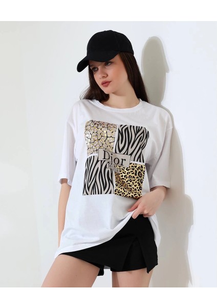 Karma Desenli Oversize Tişört