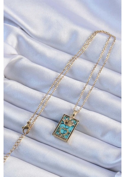 316L Çelik Zincir Altın Renk Zirkon Taşlı Mavi Mermer Desenli Taç Model Tarot Kolye fiyatları