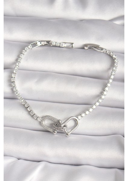 Pirinç Gümüş Renk Su Yolu Zirkon Taşlı Model Kadın Bileklik