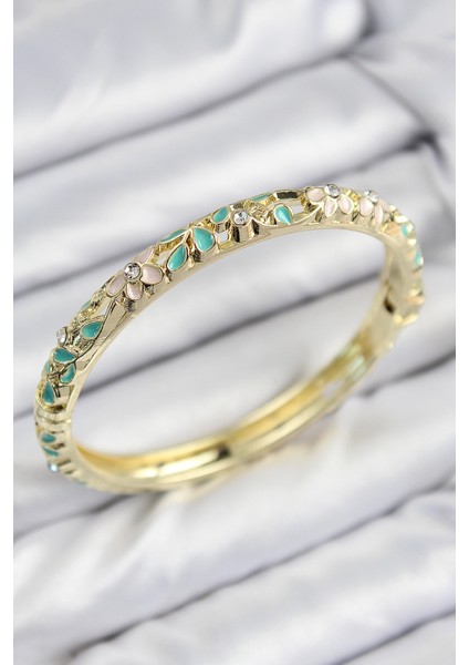 Mineli Pirinç Zirkon Taşlı Turkuaz Çiçek Motifli Gold Kadın Kelepçe