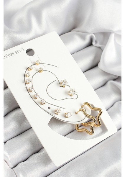 316L Çelik Yıldız Figürlü ve Zirkon Taşlı Gold Renk 7'li Çift Kadın Küpe Set