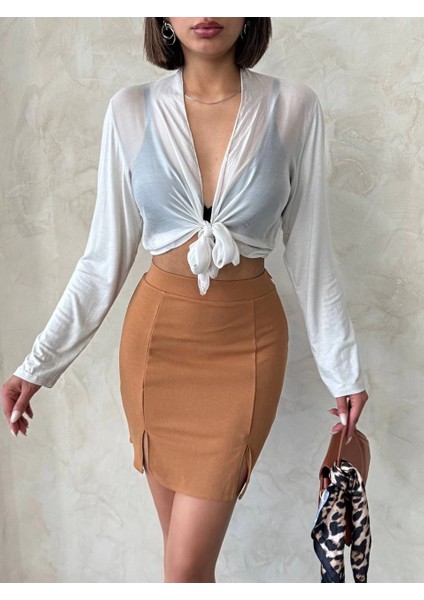 Çift Yırtmaçlı Etek Camel S25910