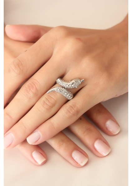 Gümüş Renk Zirkon Taşlı Ayarlanabilir Kadın Yılan Yüzük fiyatları