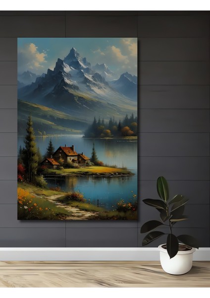 Huzurlu Dağ Evi Manzarası Ahşap Mdf Dekoratif Işyeri Duvar Tablo Dikdörtgen Işyeri Duvar Tablo