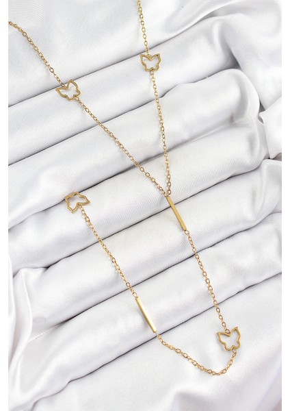 316L Çelik Kelebek Figürlü Y Model Gold Renk Kadın Kolye