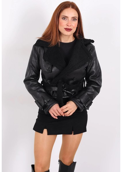 Kürklü Suni Deri Kemerli Siyah Kadın Kısa Mont T1256 fırsatları
