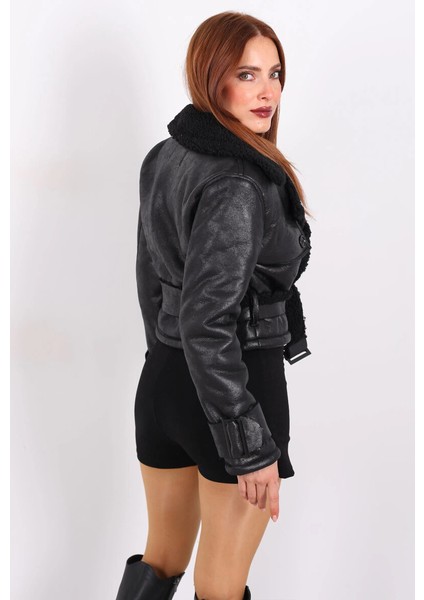 Kürklü Suni Deri Kemerli Siyah Kadın Kısa Mont T1256