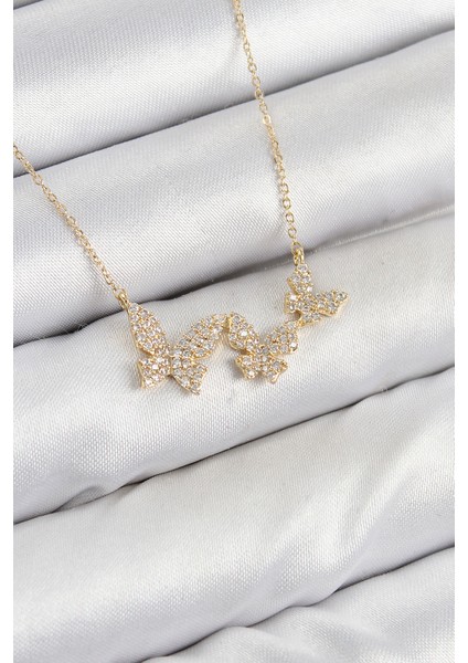 Pirinç Zirkon Taşlı Kelebek Model Gold Renk Kadın Kolye