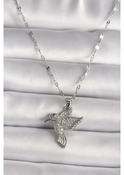 316L Gümüş Renk Zirkon Taşlı Sinek Kuşu Model Kadın Kolye