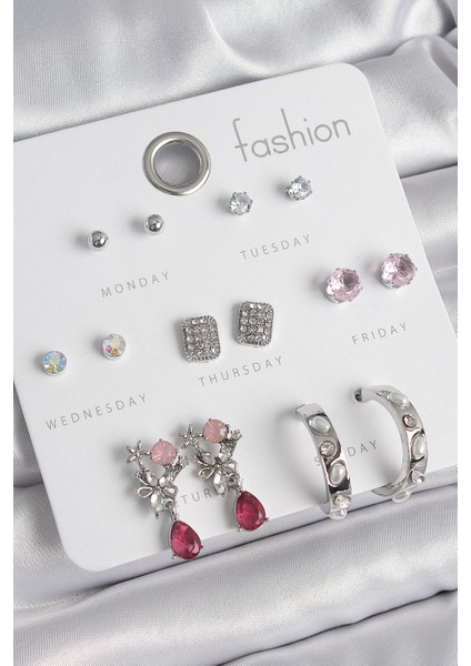 Pirinç Gümüş Renk Zirkon Taşlı Çiçek Figür Incili Halka Detay 7 Çift Kadın Küpe Seti