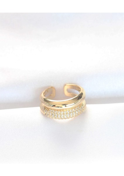 2li Görünümlü Zirkon Taşlı Gold Renk Ayarlanabilir Bombe Yüzük