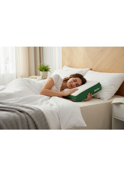 Bamboo Visco Yastık | Yeşil & Beyaz | Taşıma Çantalı | 40 x 60 x 12