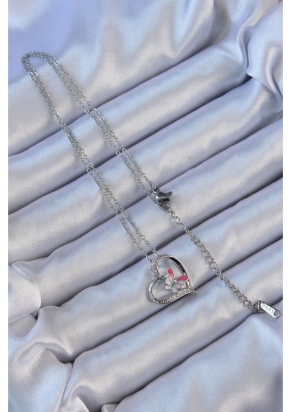 316L Çelik Zincir Gümüş Renk Mineli Kelebek Figür Zirkon Taşlı Kalp Kolye fiyatları