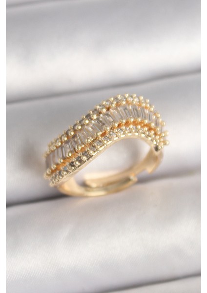 Pirinç Gold Renk Su Yolu Zirkon Taşlı Dalga Model Ayarlanabilir Kadın Yüzük