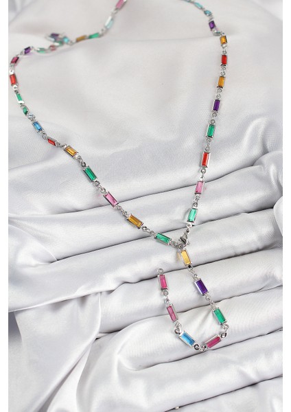 Pirinç Renkli Zirkon Taşlı Dikdörtgen Model Gümüş Renk Kadın Y Kolye fiyatları