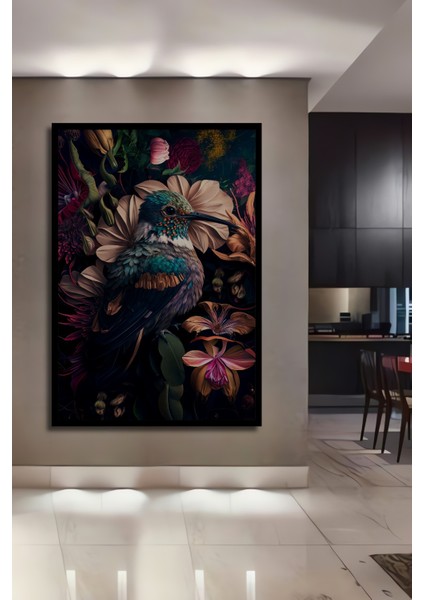 Çerçeve Görünümlü Renkli Çiçekler Ara ve Kolibrili Dekoratif Ahşap Mdf Tablo Dikdörtgen Tablo
