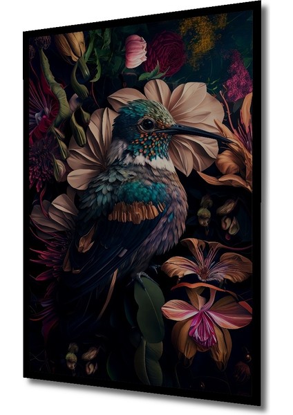 Çerçeve Görünümlü Renkli Çiçekler Ara ve Kolibrili Dekoratif Ahşap Mdf Tablo Dikdörtgen Tablo fiyatları