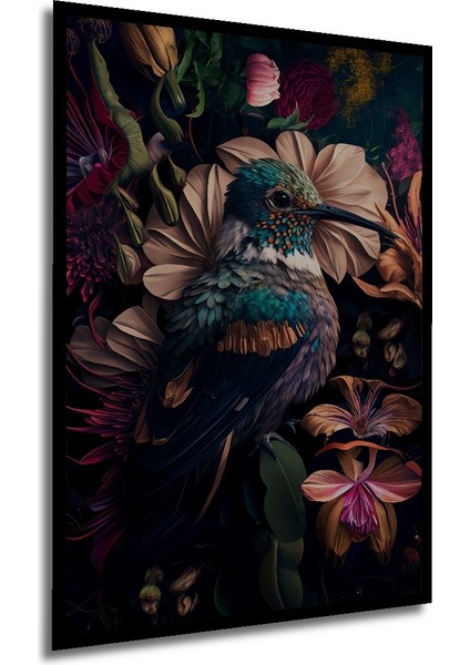 Çerçeve Görünümlü Renkli Çiçekler Ara ve Kolibrili Dekoratif Ahşap Mdf Tablo Dikdörtgen Tablo modelleri