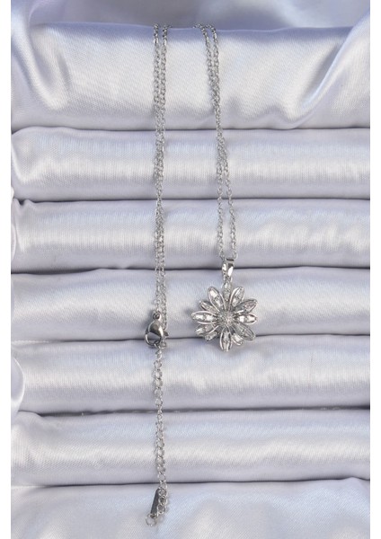 316L Çelik Zincir Gümüş Renk Zirkon Taşlı Çiçek Kolye fiyatları