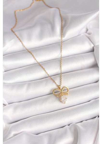 316L Çelik Gold Renk Zincir Zirkon Taşlı Kurdele Model Kadın Kolye fiyatları